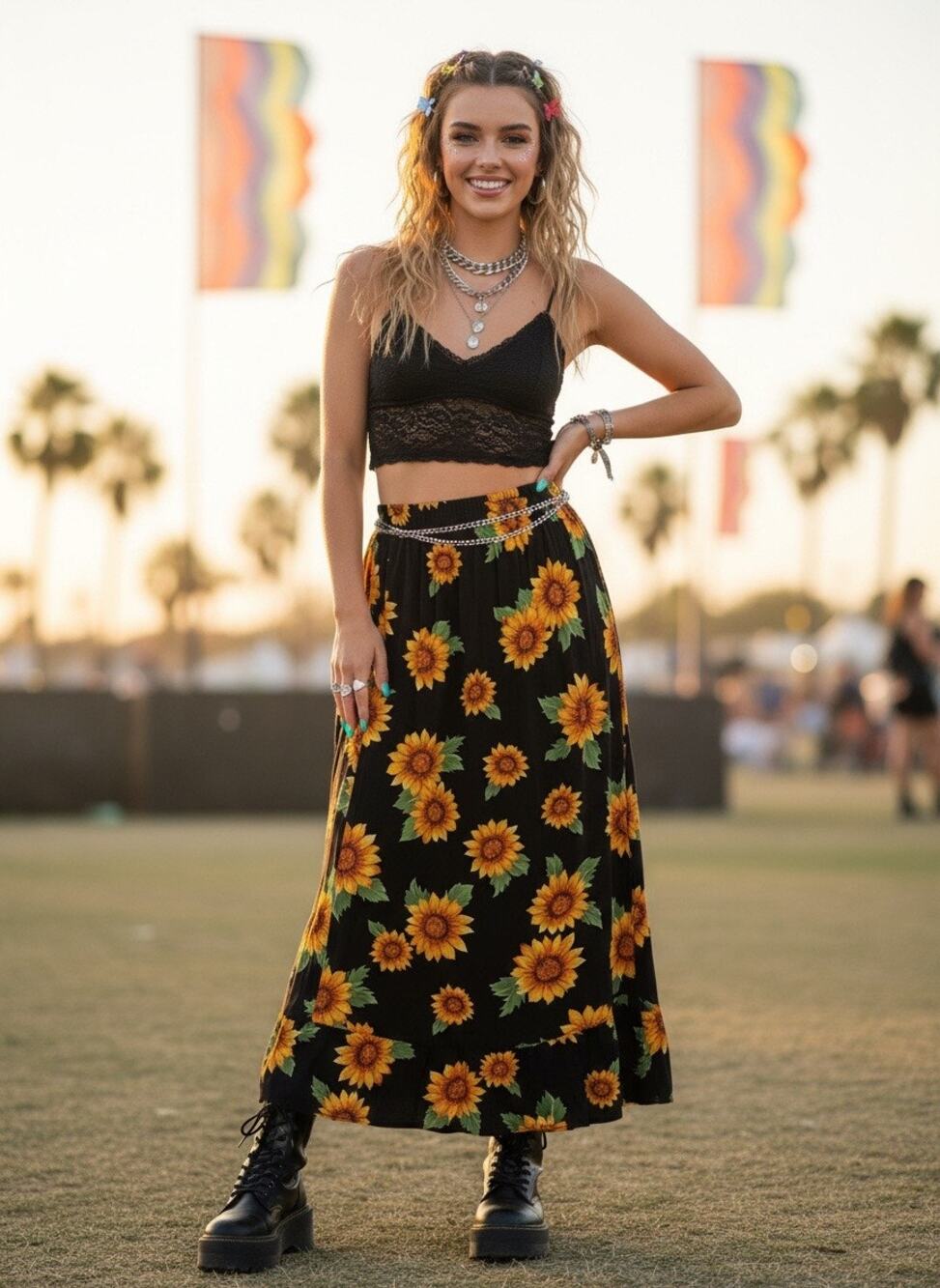 Vintage 90s Sunflower Print Skirt Seven Islands
